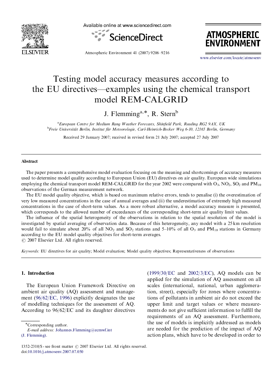 Testing model accuracy measures according to the EU directives—examples using the chemical transport model REM-CALGRID