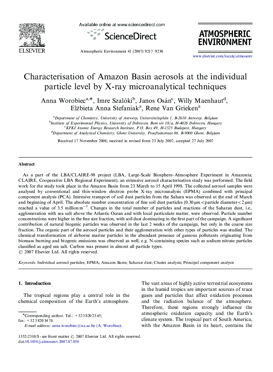 Characterisation of Amazon Basin aerosols at the individual particle level by X-ray microanalytical techniques