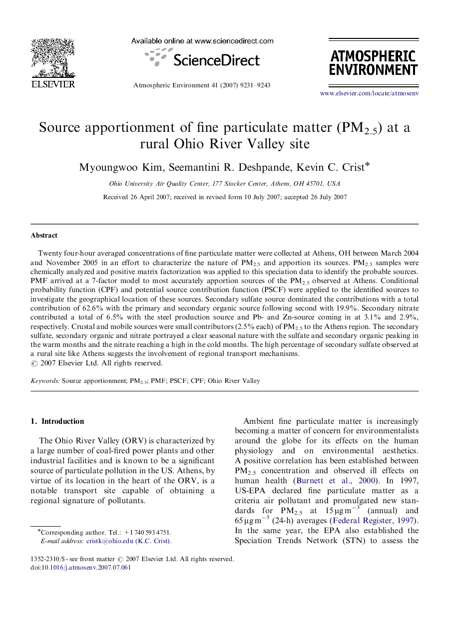 Source apportionment of fine particulate matter (PM2.5) at a rural Ohio River Valley site