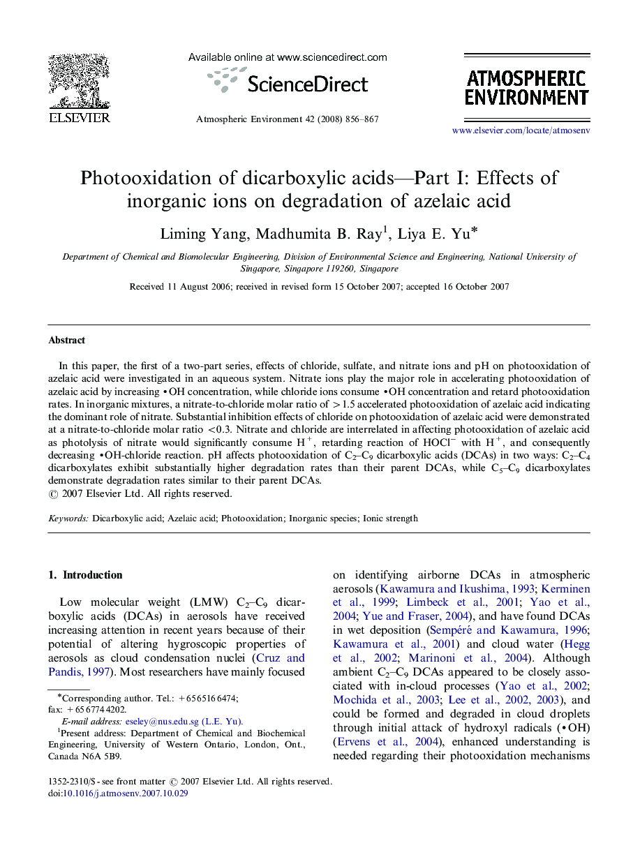 Photooxidation of dicarboxylic acids—Part I: Effects of inorganic ions on degradation of azelaic acid