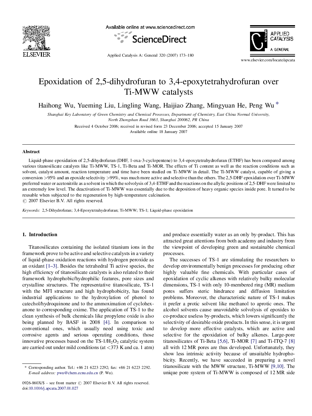 Epoxidation of 2,5-dihydrofuran to 3,4-epoxytetrahydrofuran over Ti-MWW catalysts