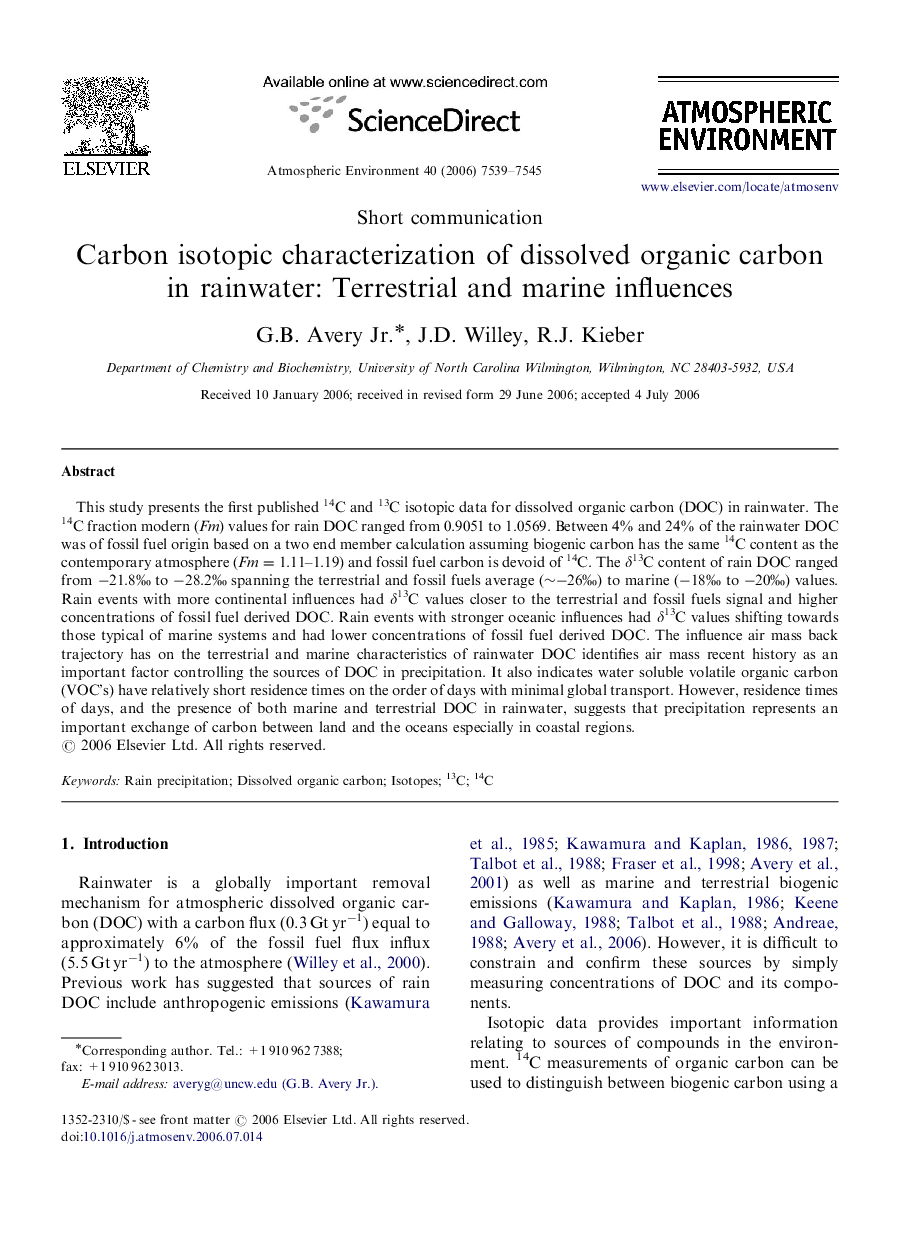 Carbon isotopic characterization of dissolved organic carbon in rainwater: Terrestrial and marine influences