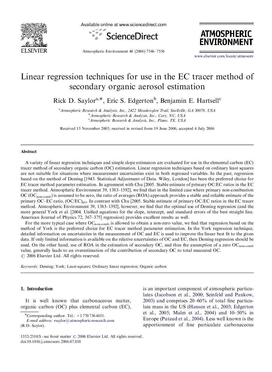 Linear regression techniques for use in the EC tracer method of secondary organic aerosol estimation