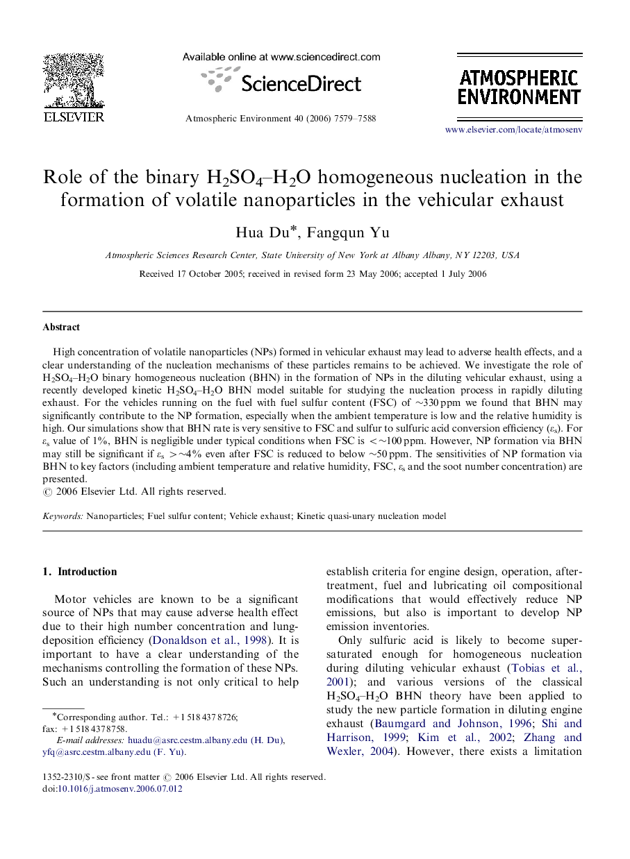 Role of the binary H2SO4–H2O homogeneous nucleation in the formation of volatile nanoparticles in the vehicular exhaust