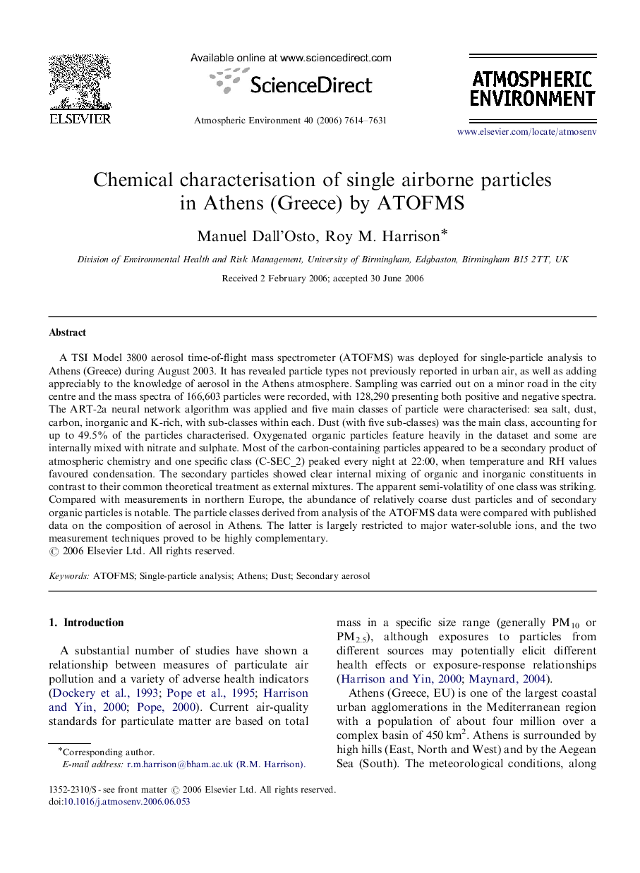 Chemical characterisation of single airborne particles in Athens (Greece) by ATOFMS