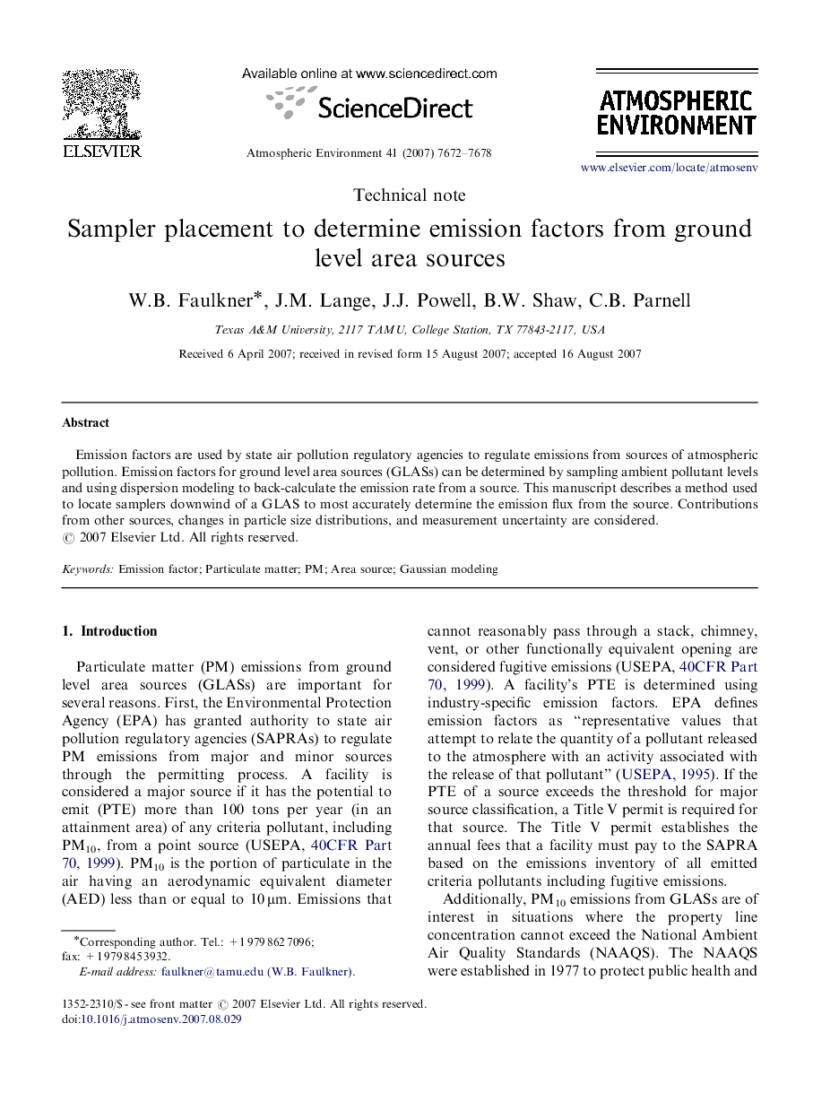 Sampler placement to determine emission factors from ground level area sources