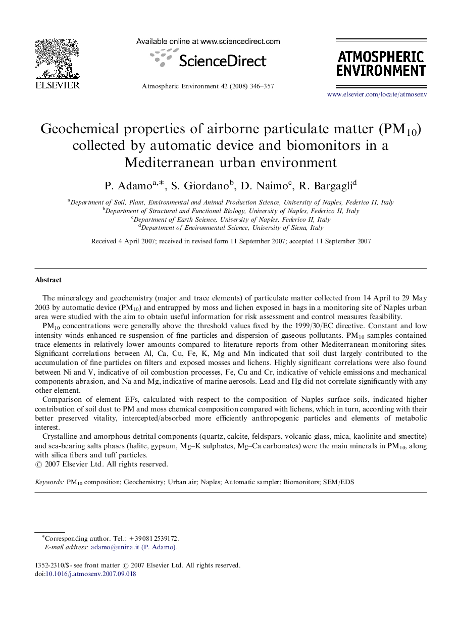 Geochemical properties of airborne particulate matter (PM10) collected by automatic device and biomonitors in a Mediterranean urban environment