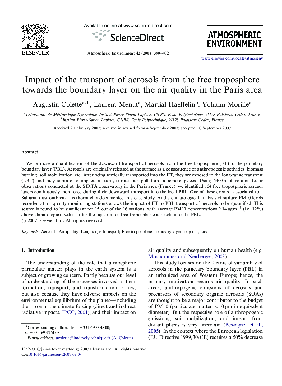 Impact of the transport of aerosols from the free troposphere towards the boundary layer on the air quality in the Paris area