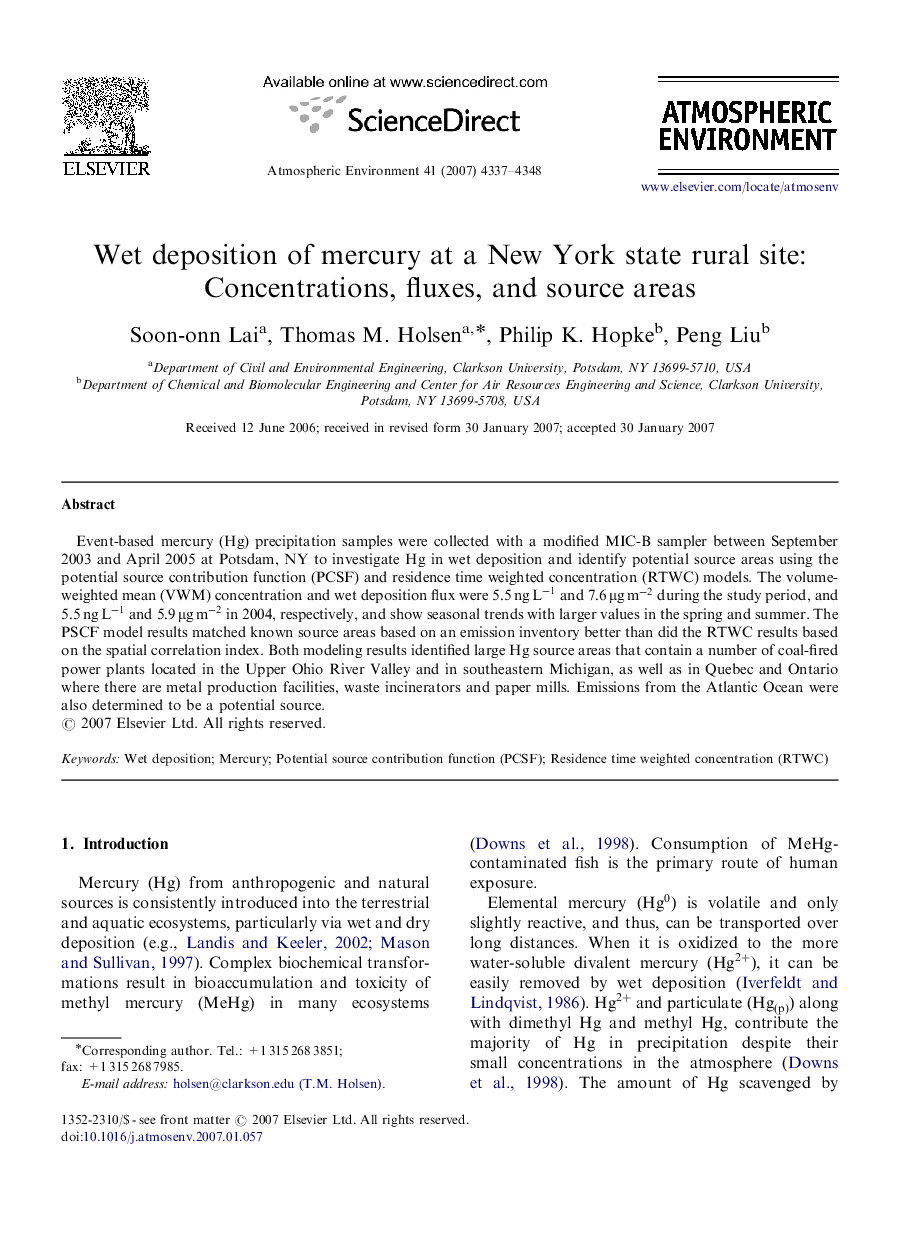 Wet deposition of mercury at a New York state rural site: Concentrations, fluxes, and source areas