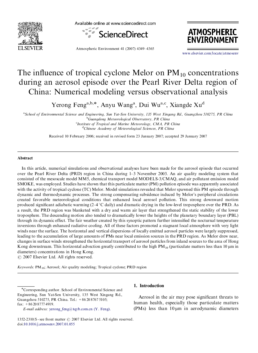 The influence of tropical cyclone Melor on PM10 concentrations during an aerosol episode over the Pearl River Delta region of China: Numerical modeling versus observational analysis