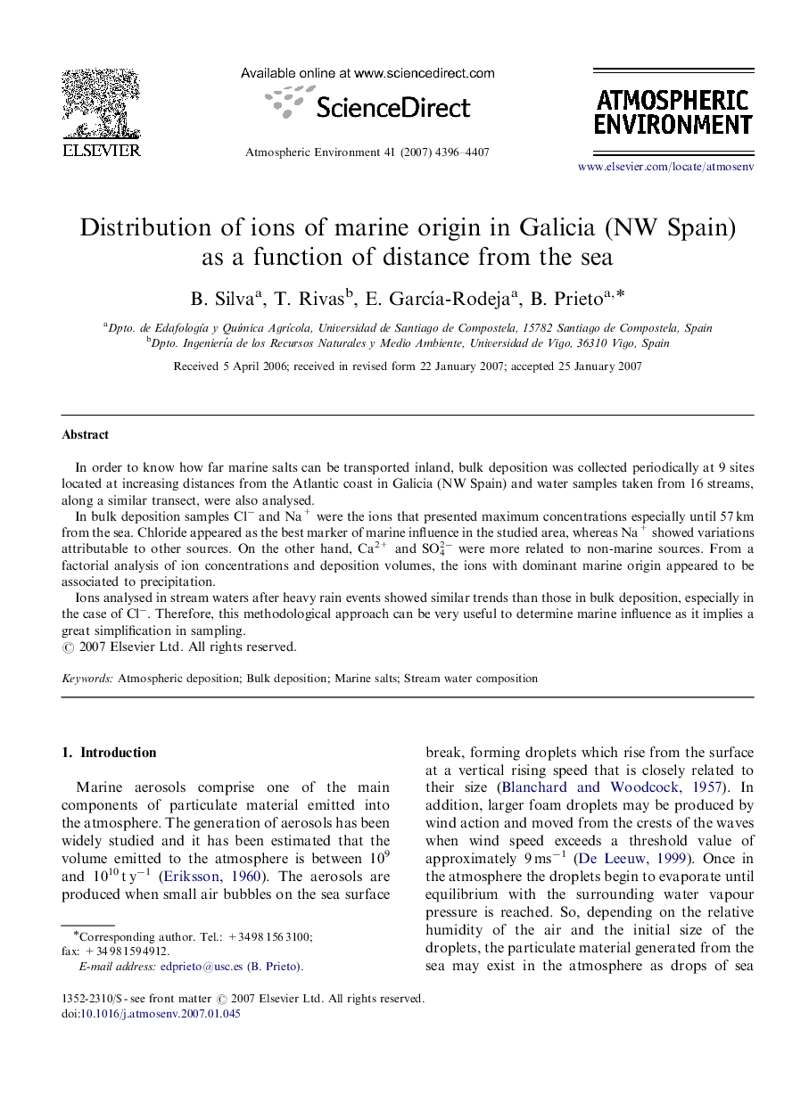 Distribution of ions of marine origin in Galicia (NW Spain) as a function of distance from the sea