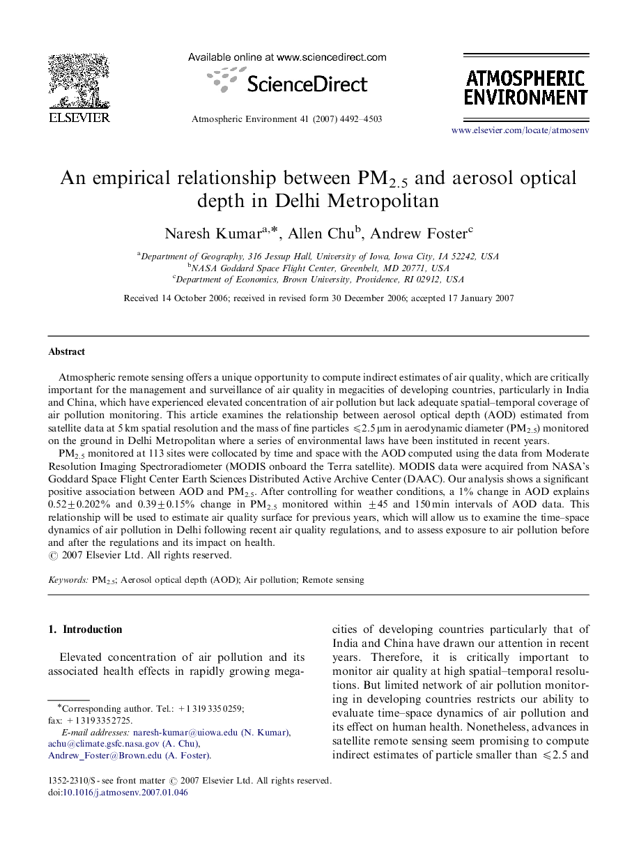 An empirical relationship between PM2.5 and aerosol optical depth in Delhi Metropolitan