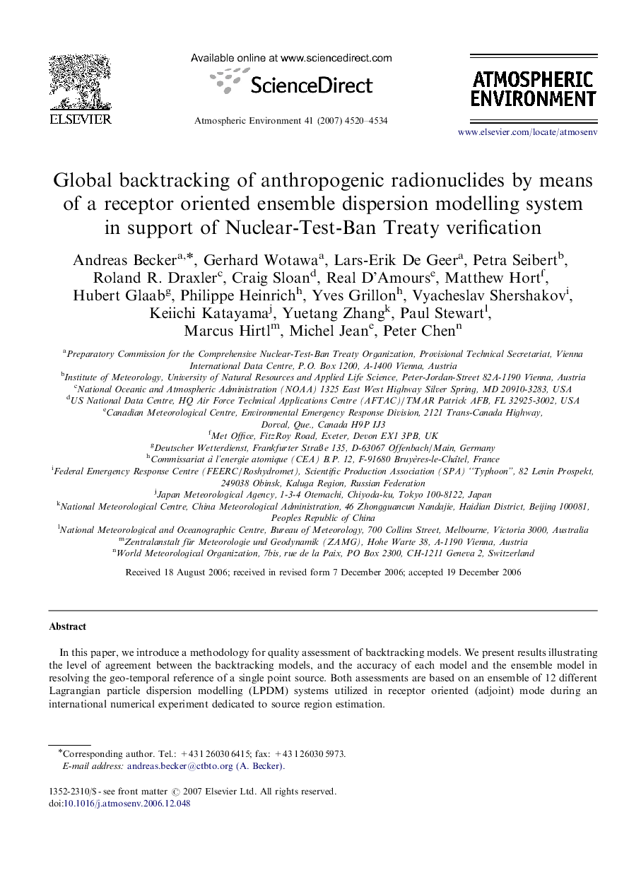 Global backtracking of anthropogenic radionuclides by means of a receptor oriented ensemble dispersion modelling system in support of Nuclear-Test-Ban Treaty verification