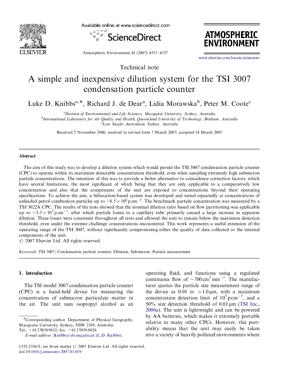 A simple and inexpensive dilution system for the TSI 3007 condensation particle counter