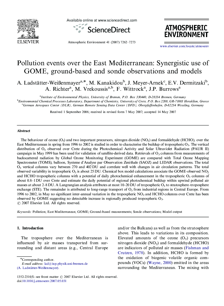 Pollution events over the East Mediterranean: Synergistic use of GOME, ground-based and sonde observations and models