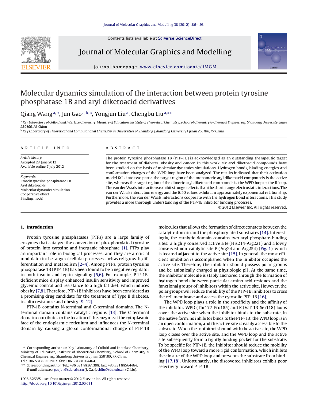 Molecular dynamics simulation of the interaction between protein tyrosine phosphatase 1B and aryl diketoacid derivatives