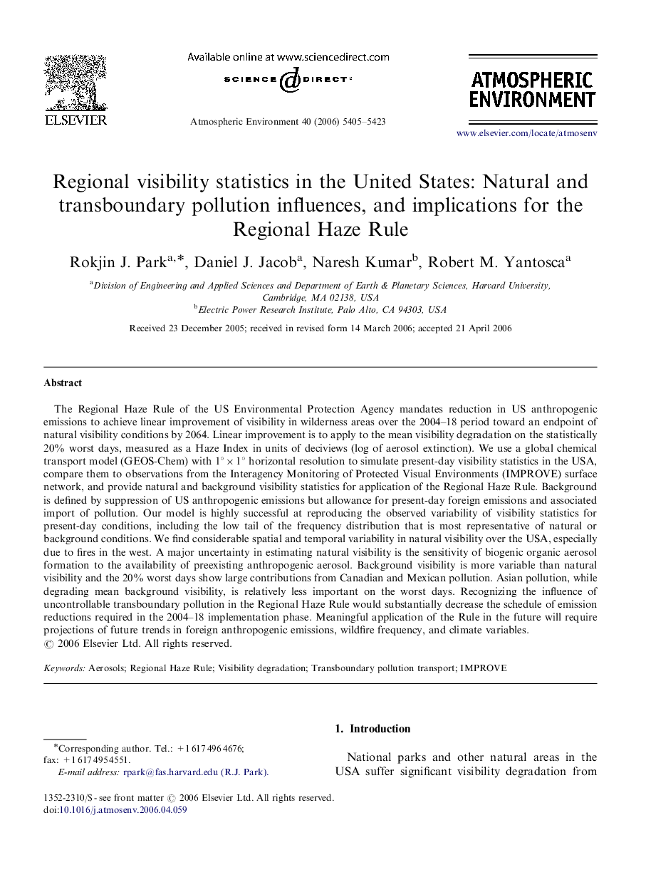 Regional visibility statistics in the United States: Natural and transboundary pollution influences, and implications for the Regional Haze Rule