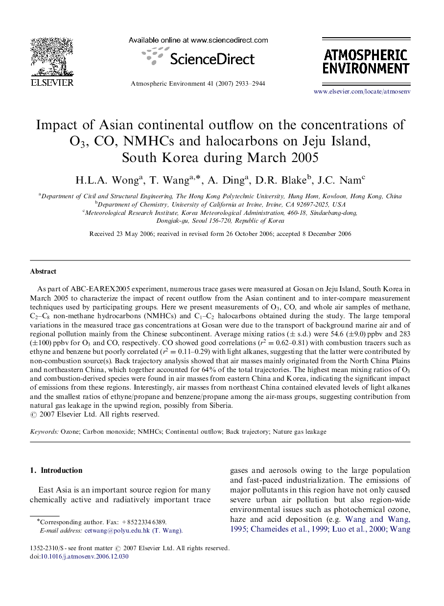 Impact of Asian continental outflow on the concentrations of O3O3, CO, NMHCs and halocarbons on Jeju Island, South Korea during March 2005