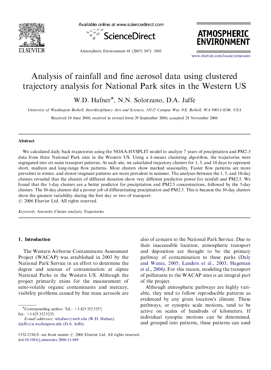 Analysis of rainfall and fine aerosol data using clustered trajectory analysis for National Park sites in the Western US