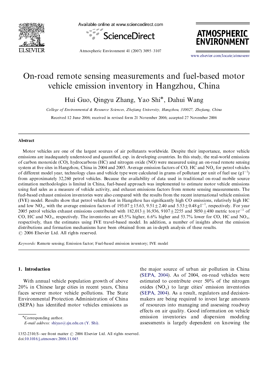 On-road remote sensing measurements and fuel-based motor vehicle emission inventory in Hangzhou, China