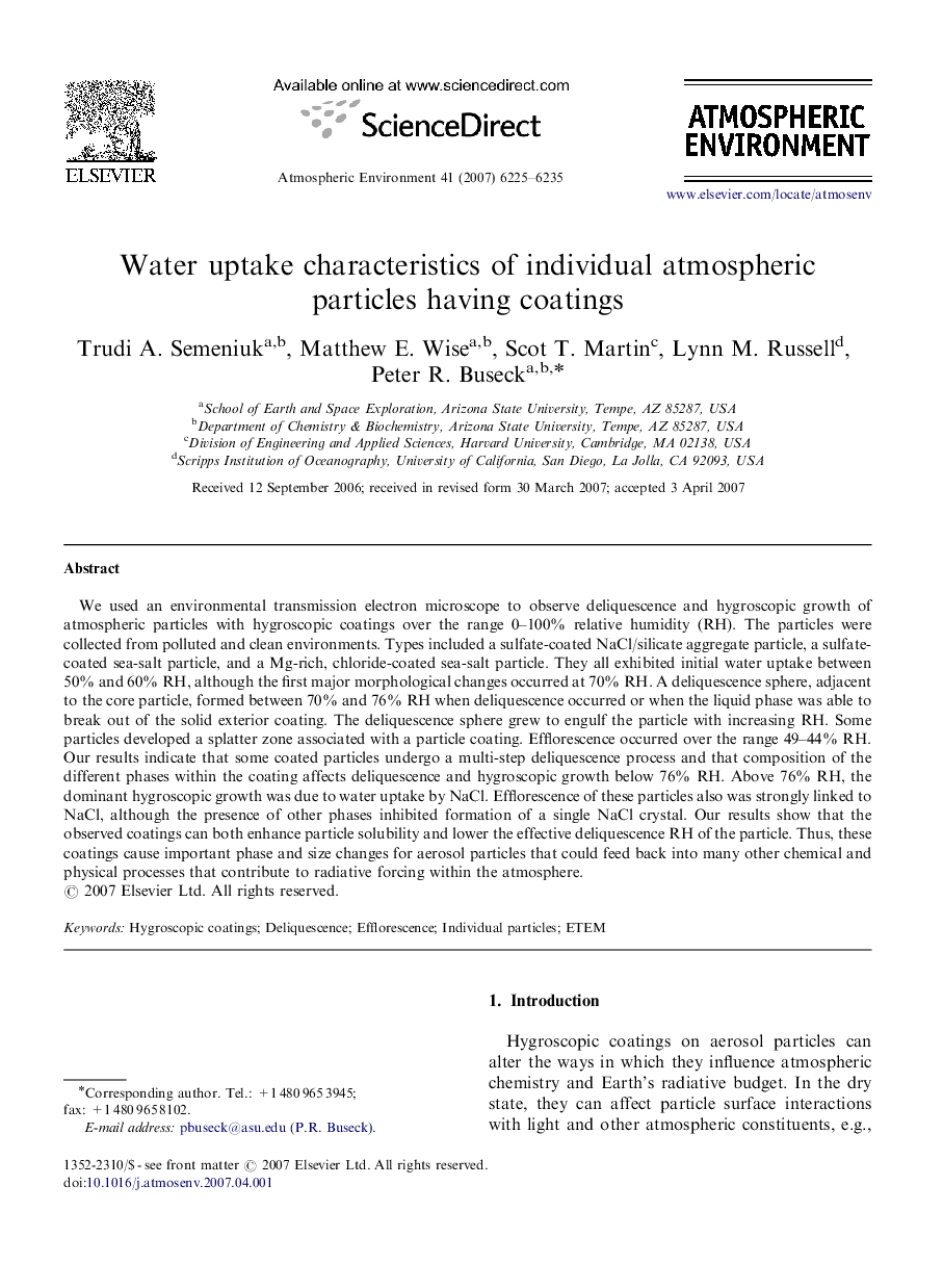 Water uptake characteristics of individual atmospheric particles having coatings