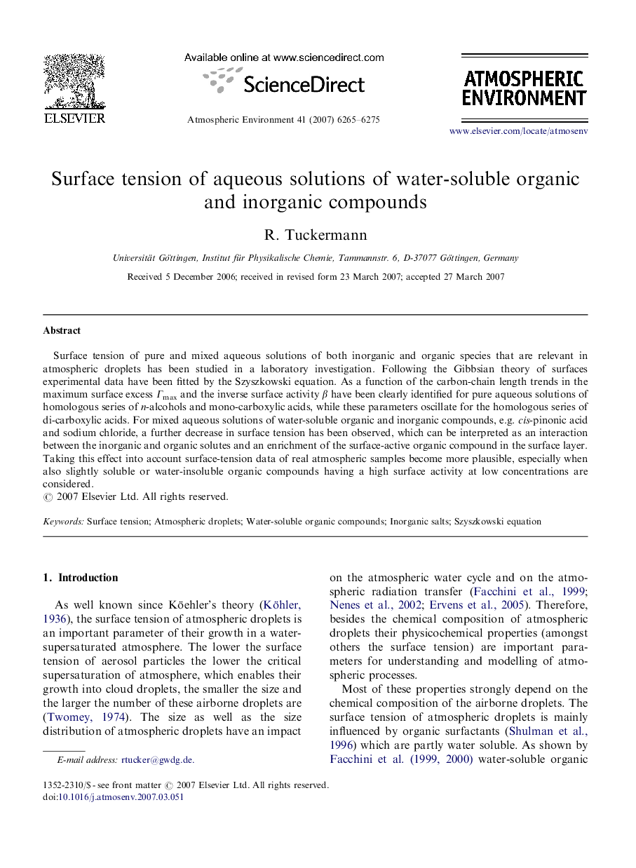 Surface tension of aqueous solutions of water-soluble organic and inorganic compounds