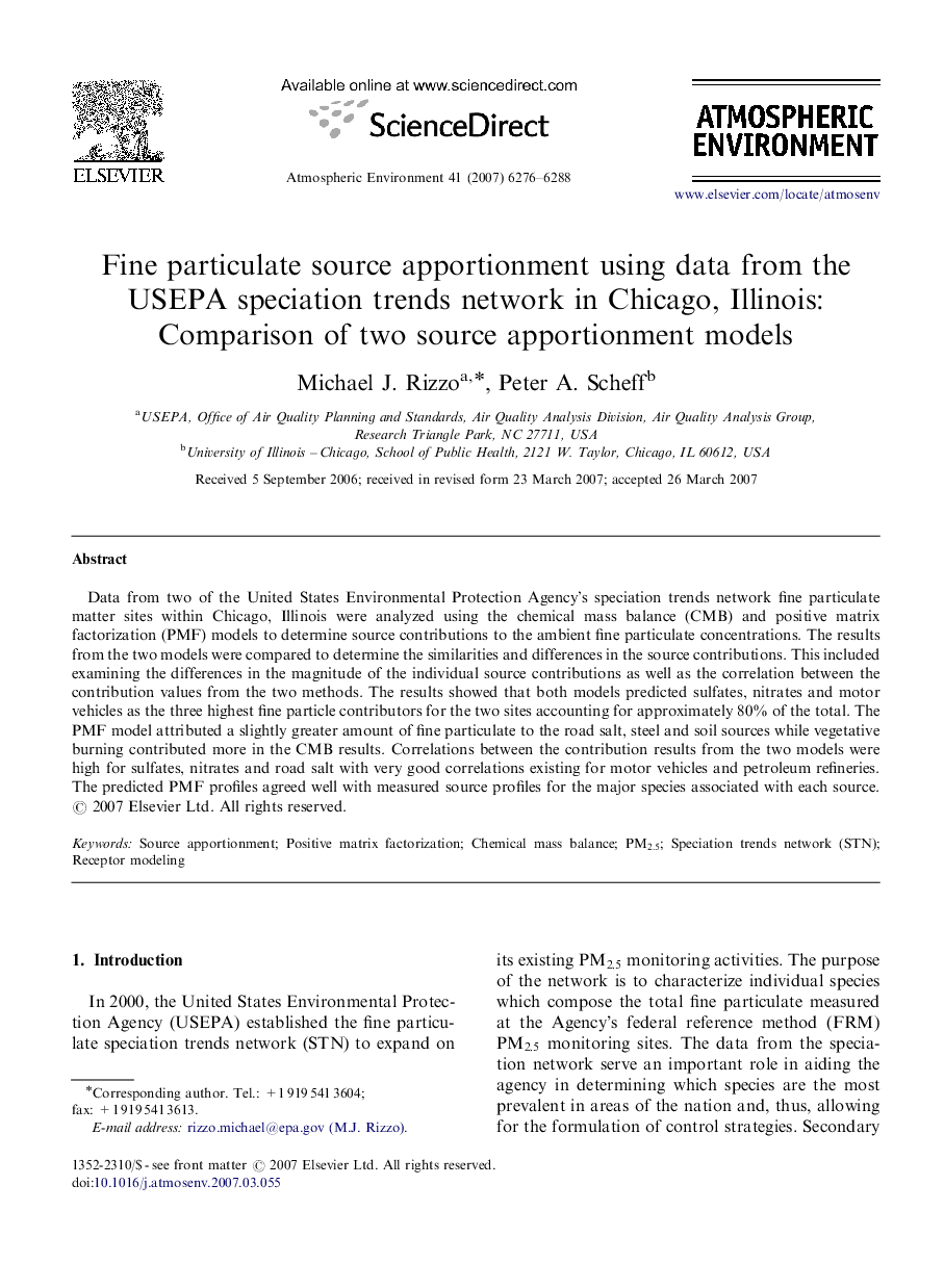 Fine particulate source apportionment using data from the USEPA speciation trends network in Chicago, Illinois: Comparison of two source apportionment models