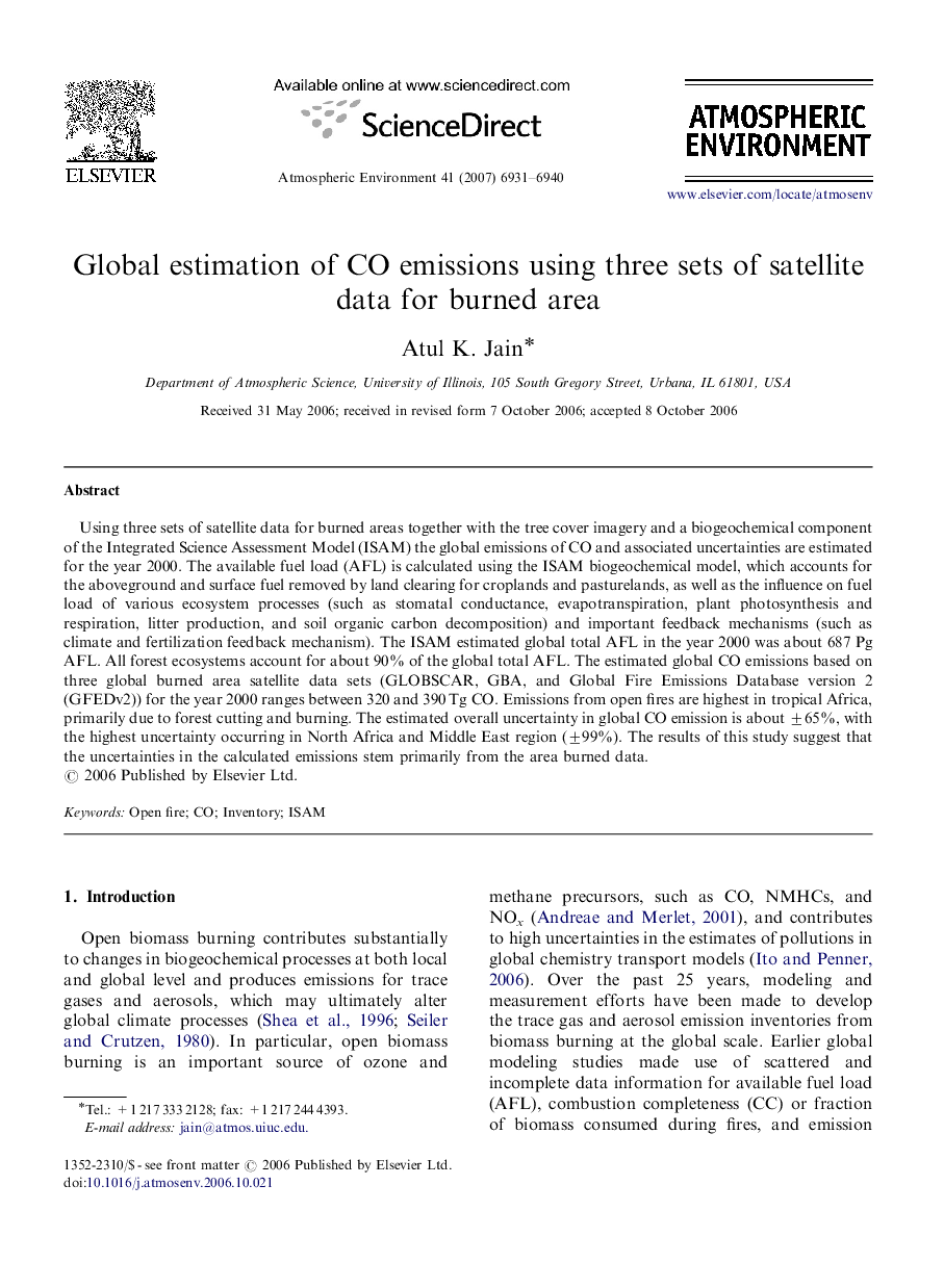 Global estimation of CO emissions using three sets of satellite data for burned area