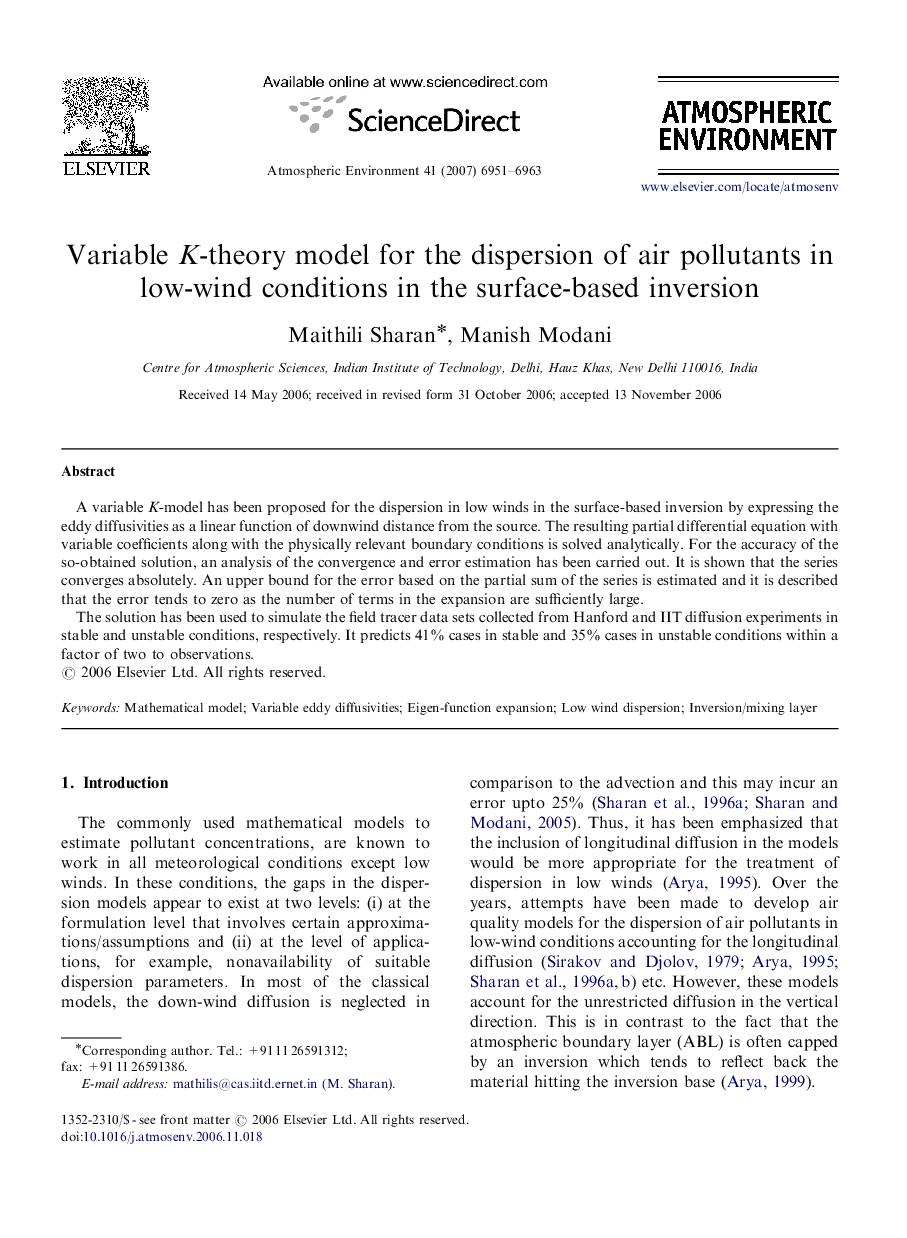 Variable K-theory model for the dispersion of air pollutants in low-wind conditions in the surface-based inversion