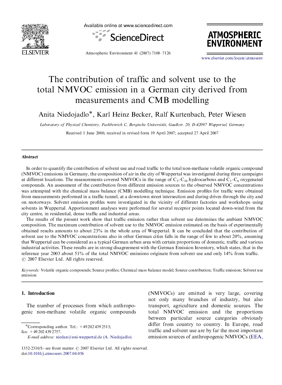 The contribution of traffic and solvent use to the total NMVOC emission in a German city derived from measurements and CMB modelling