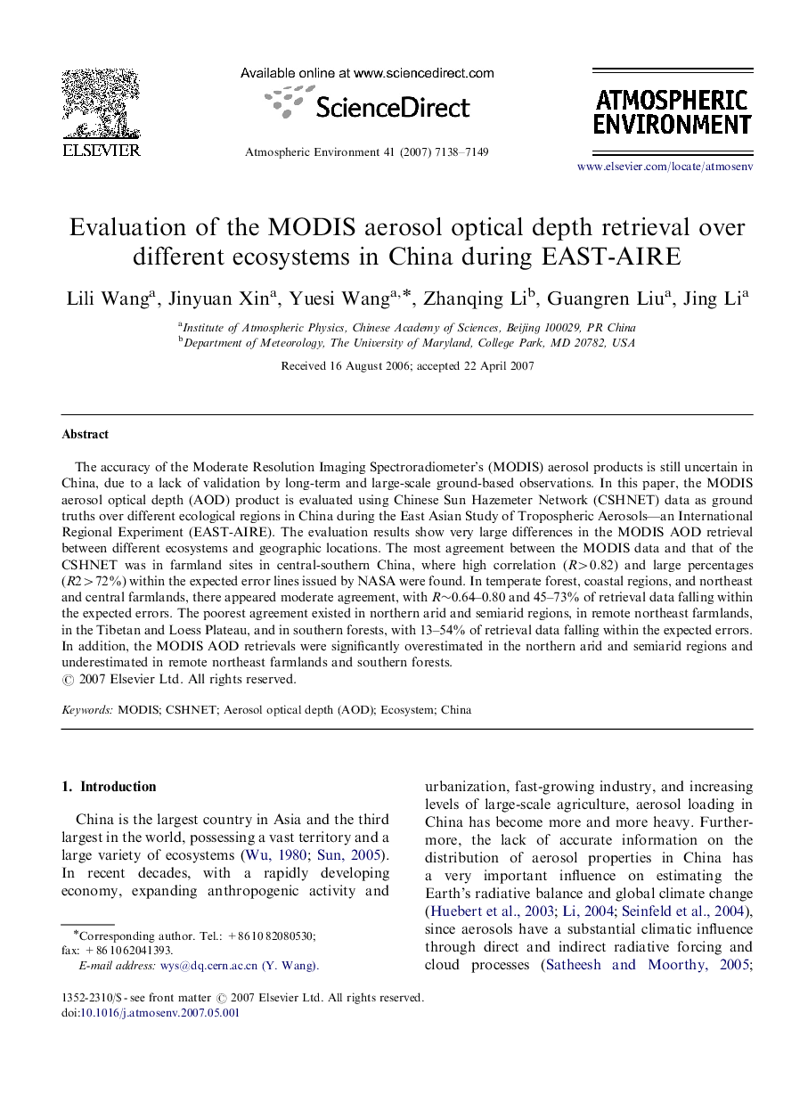 Evaluation of the MODIS aerosol optical depth retrieval over different ecosystems in China during EAST-AIRE