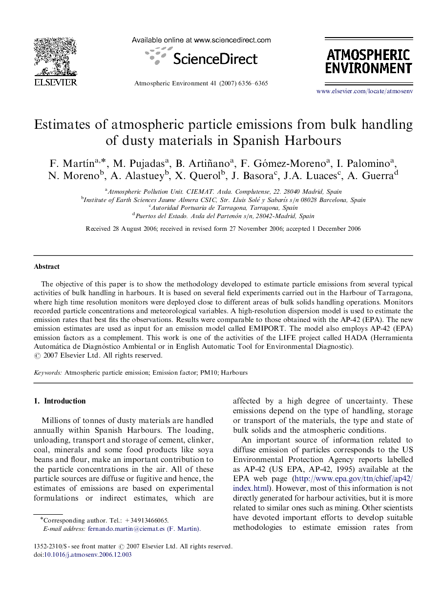 Estimates of atmospheric particle emissions from bulk handling of dusty materials in Spanish Harbours