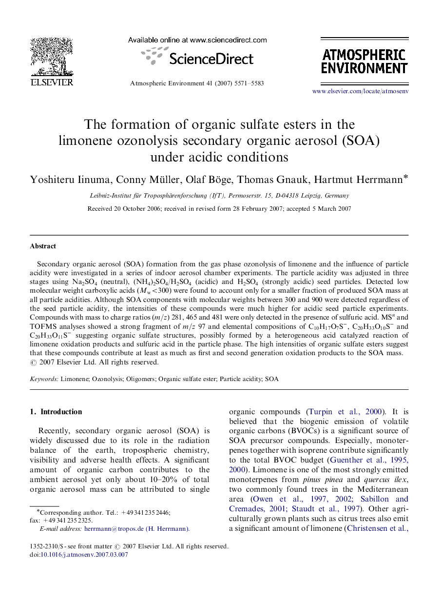 The formation of organic sulfate esters in the limonene ozonolysis secondary organic aerosol (SOA) under acidic conditions