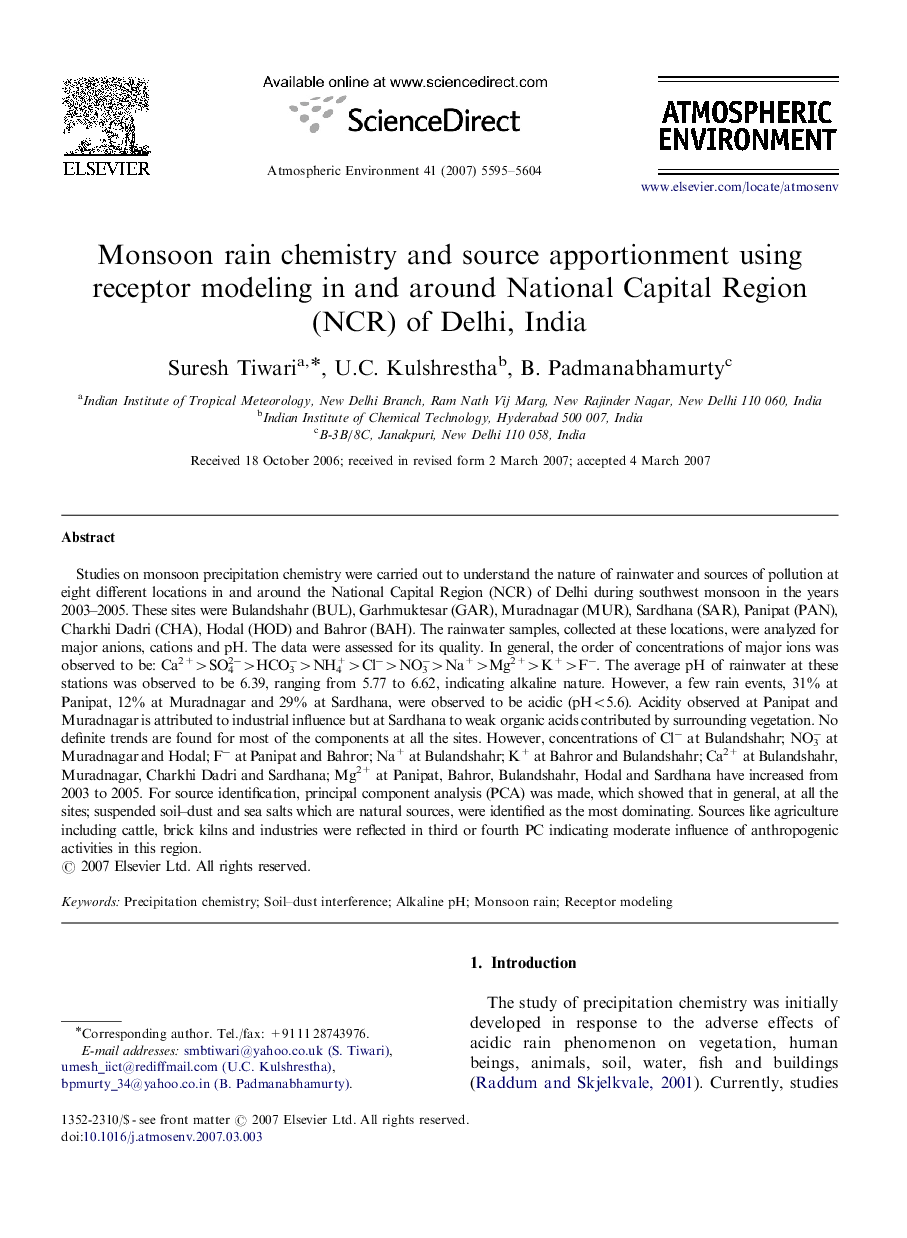 Monsoon rain chemistry and source apportionment using receptor modeling in and around National Capital Region (NCR) of Delhi, India