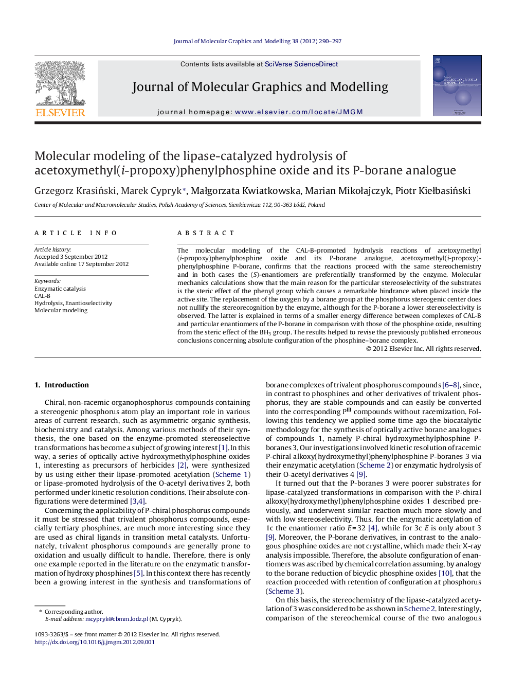 Molecular modeling of the lipase-catalyzed hydrolysis of acetoxymethyl(i-propoxy)phenylphosphine oxide and its P-borane analogue