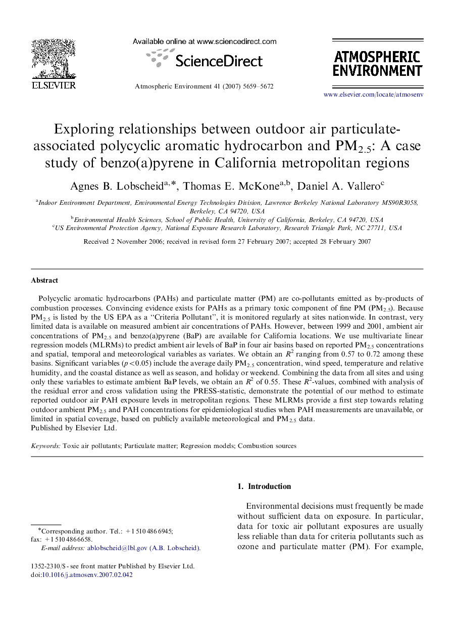 Exploring relationships between outdoor air particulate-associated polycyclic aromatic hydrocarbon and PM2.5: A case study of benzo(a)pyrene in California metropolitan regions