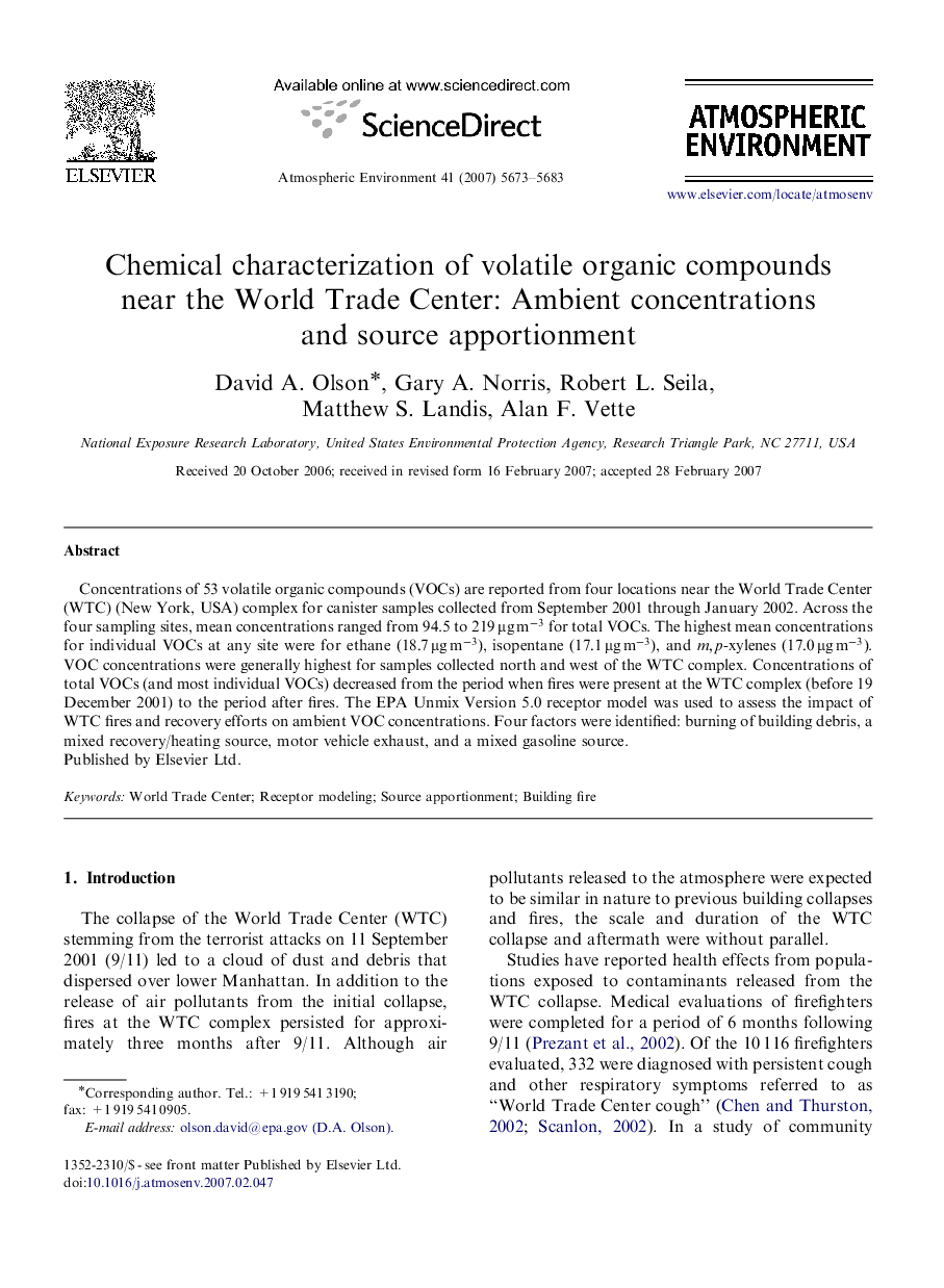 Chemical characterization of volatile organic compounds near the World Trade Center: Ambient concentrations and source apportionment