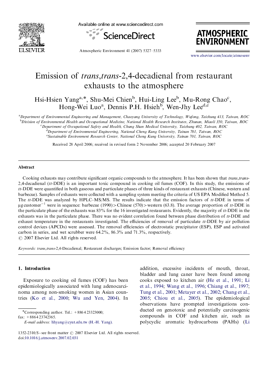 Emission of trans,trans-2,4-decadienal from restaurant exhausts to the atmosphere