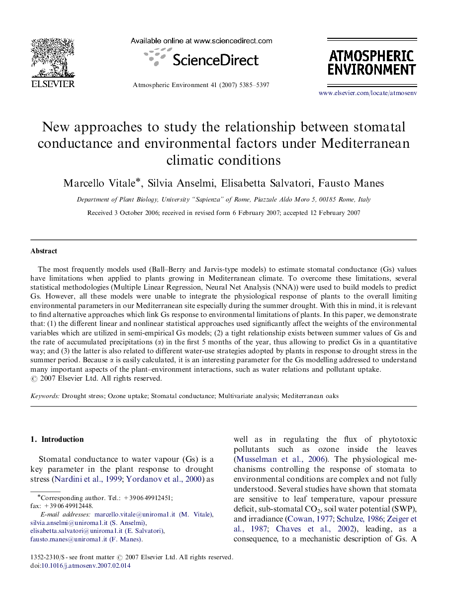 New approaches to study the relationship between stomatal conductance and environmental factors under Mediterranean climatic conditions