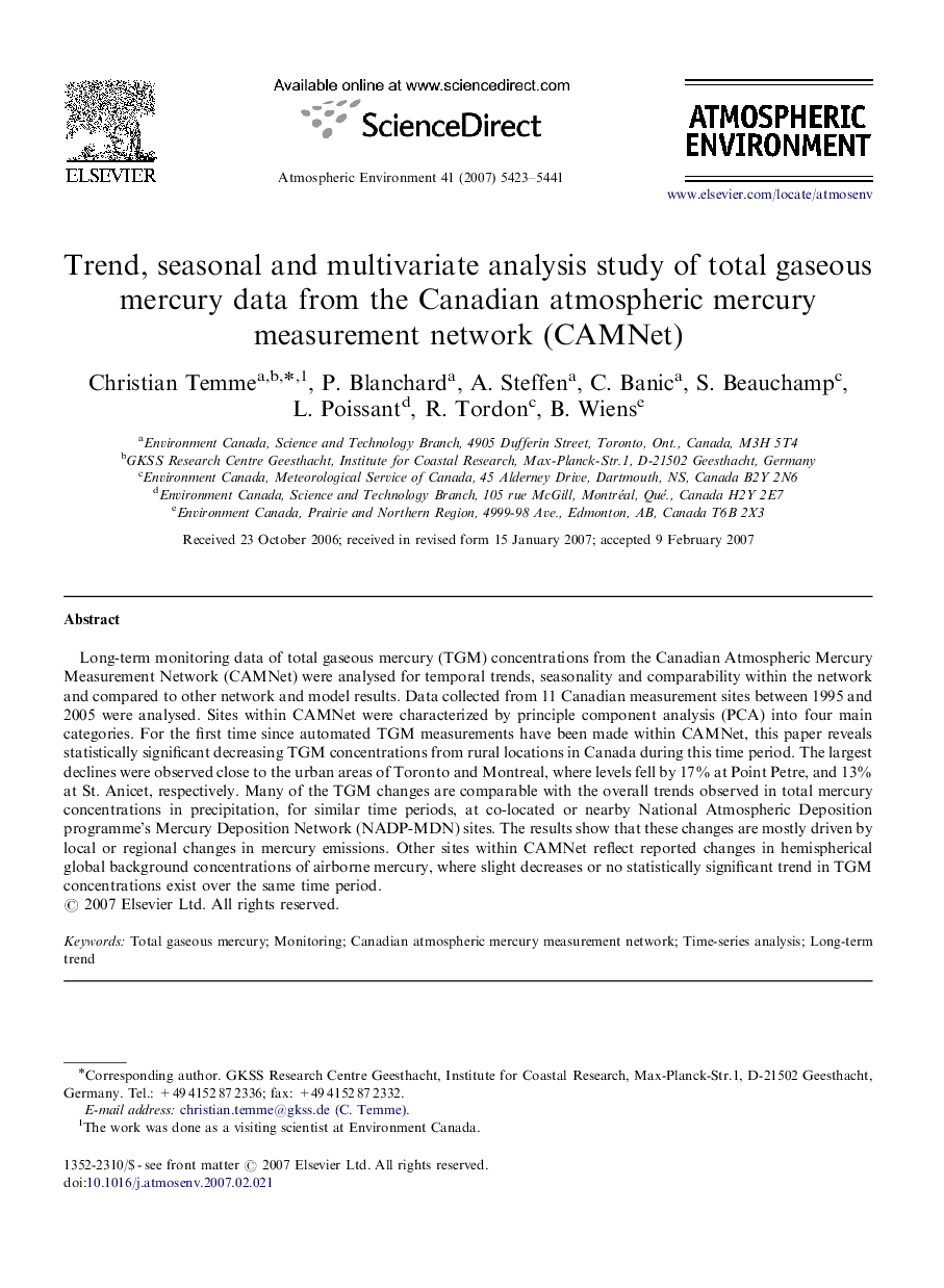 Trend, seasonal and multivariate analysis study of total gaseous mercury data from the Canadian atmospheric mercury measurement network (CAMNet)