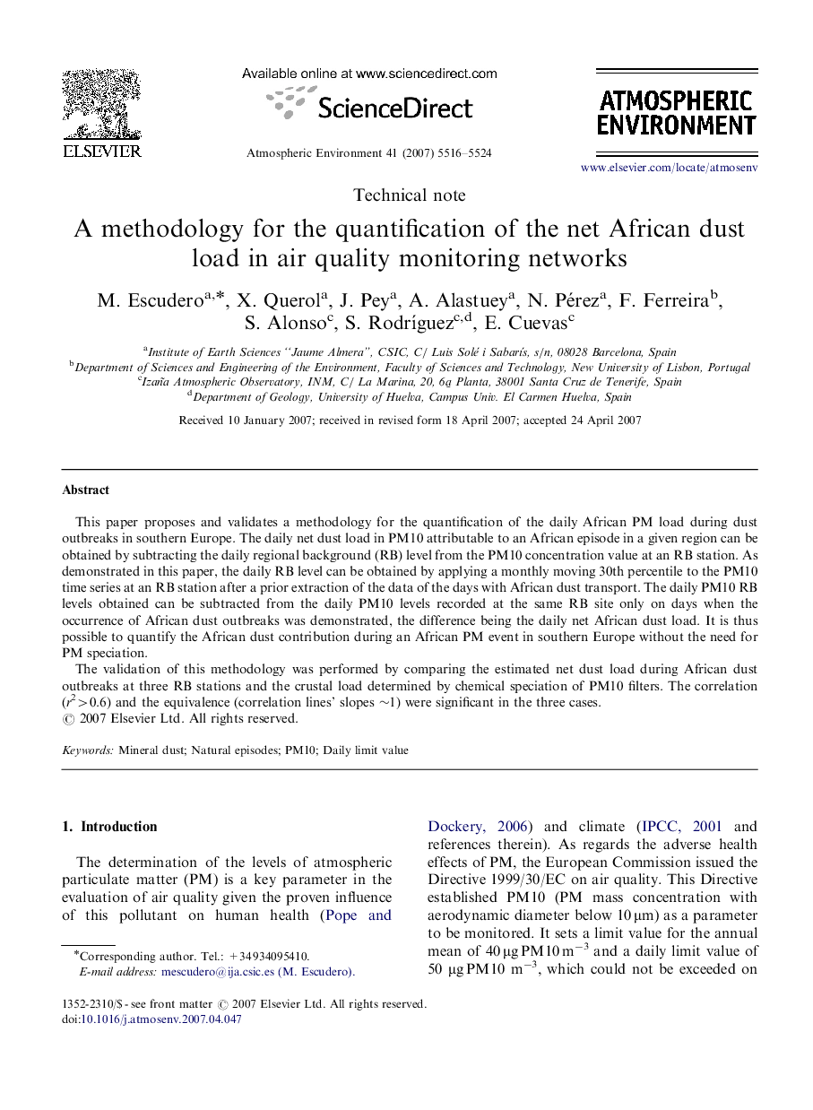 A methodology for the quantification of the net African dust load in air quality monitoring networks