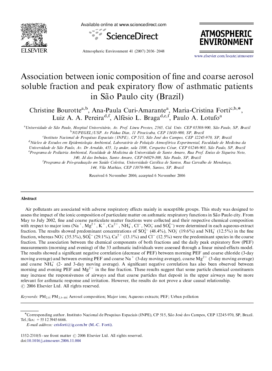 Association between ionic composition of fine and coarse aerosol soluble fraction and peak expiratory flow of asthmatic patients in São Paulo city (Brazil)