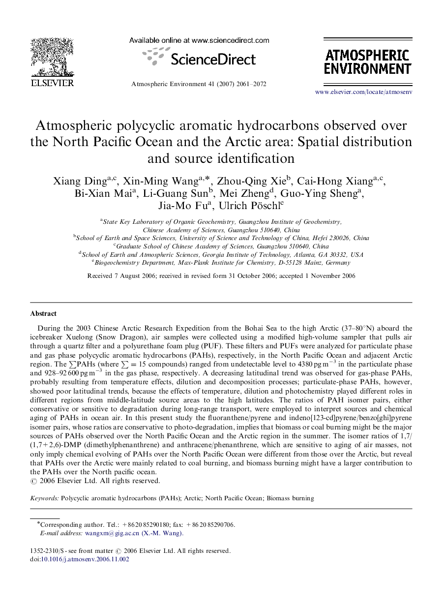 Atmospheric polycyclic aromatic hydrocarbons observed over the North Pacific Ocean and the Arctic area: Spatial distribution and source identification