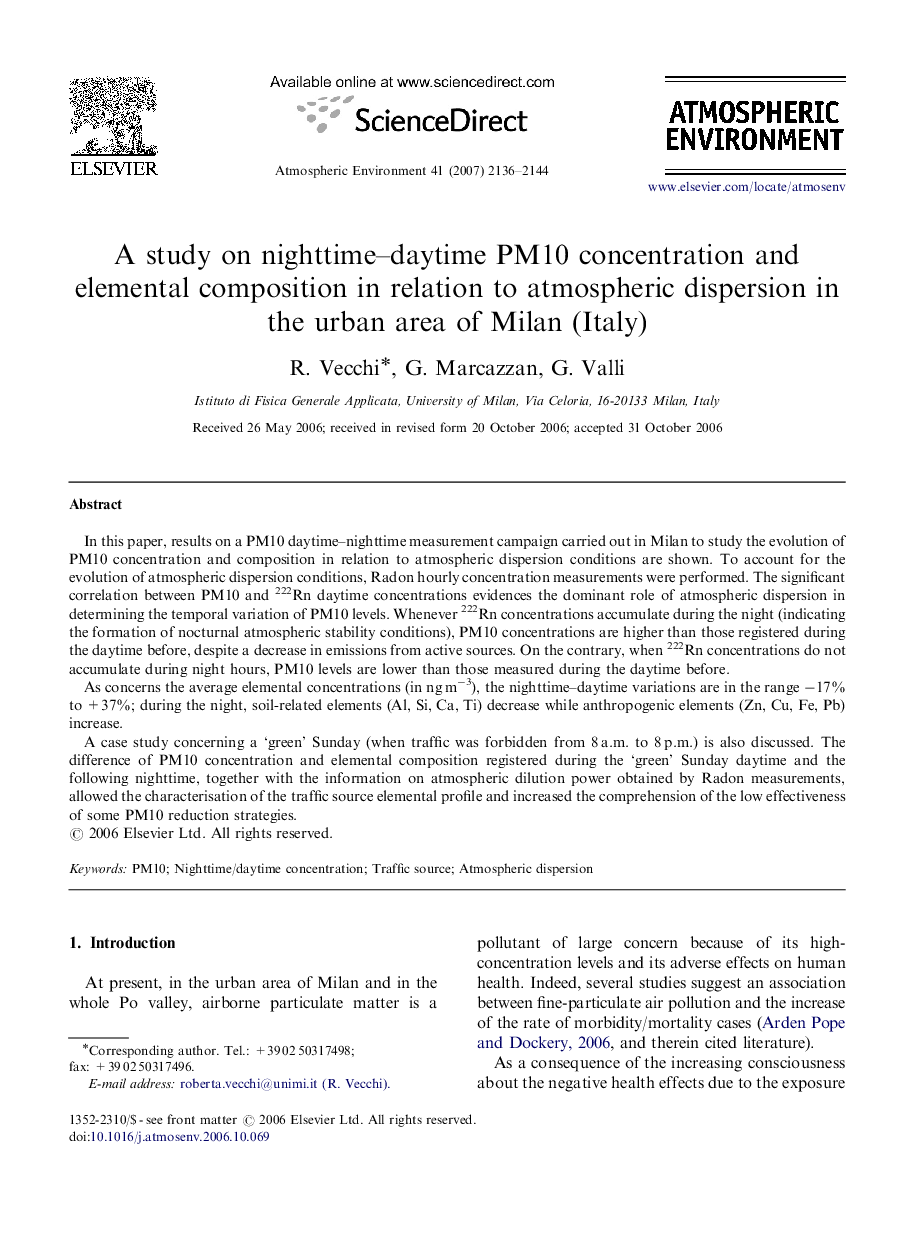 A study on nighttime–daytime PM10 concentration and elemental composition in relation to atmospheric dispersion in the urban area of Milan (Italy)