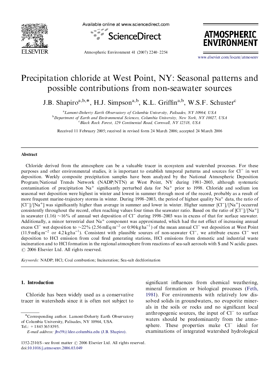 Precipitation chloride at West Point, NY: Seasonal patterns and possible contributions from non-seawater sources