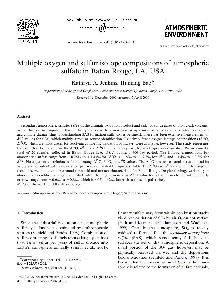 Multiple oxygen and sulfur isotope compositions of atmospheric sulfate in Baton Rouge, LA, USA