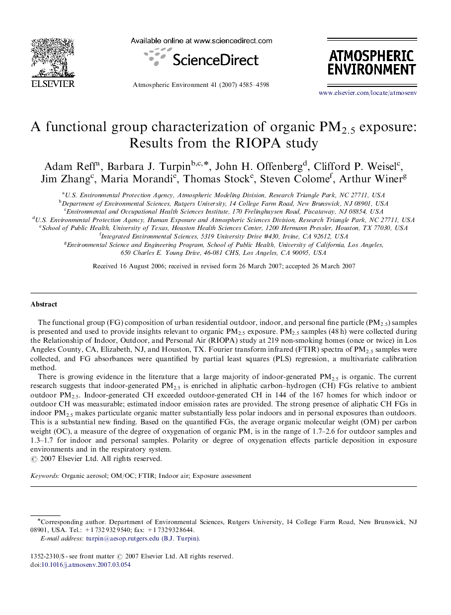 A functional group characterization of organic PM2.5 exposure: Results from the RIOPA study