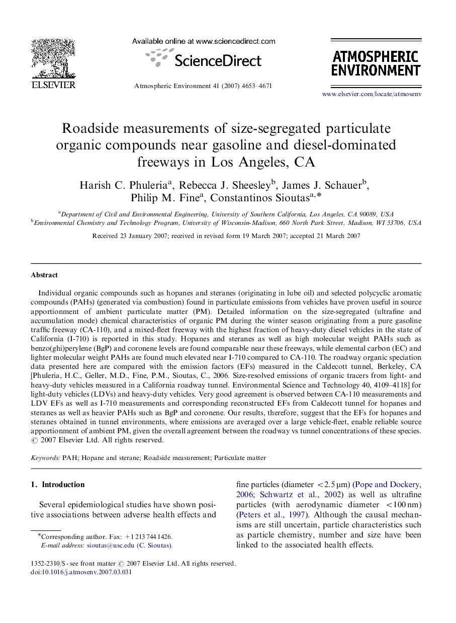 Roadside measurements of size-segregated particulate organic compounds near gasoline and diesel-dominated freeways in Los Angeles, CA