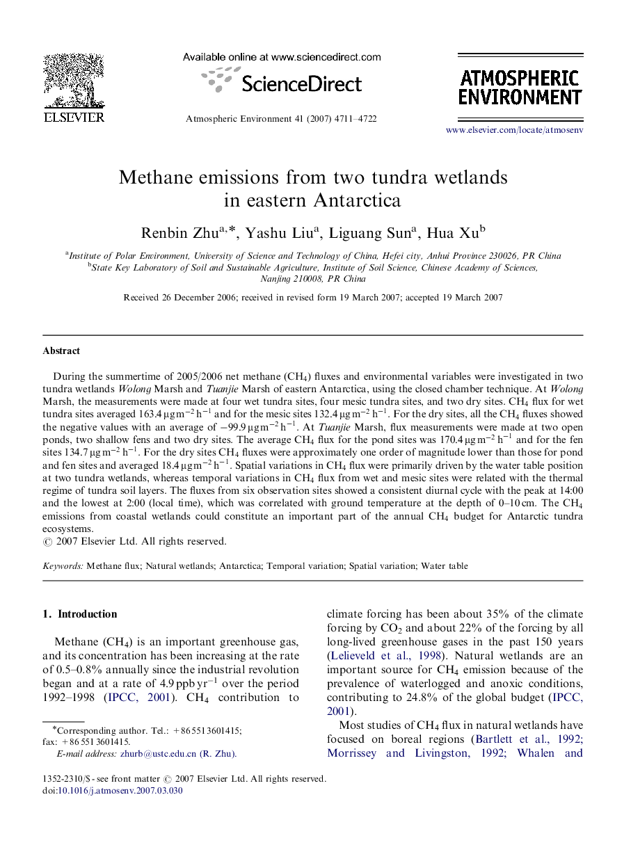 عکس صفحه اول مقاله: Methane emissions from two tundra wetlands in eastern Antarctica Methane emissions from two tundra wetlands in eastern Antarctica