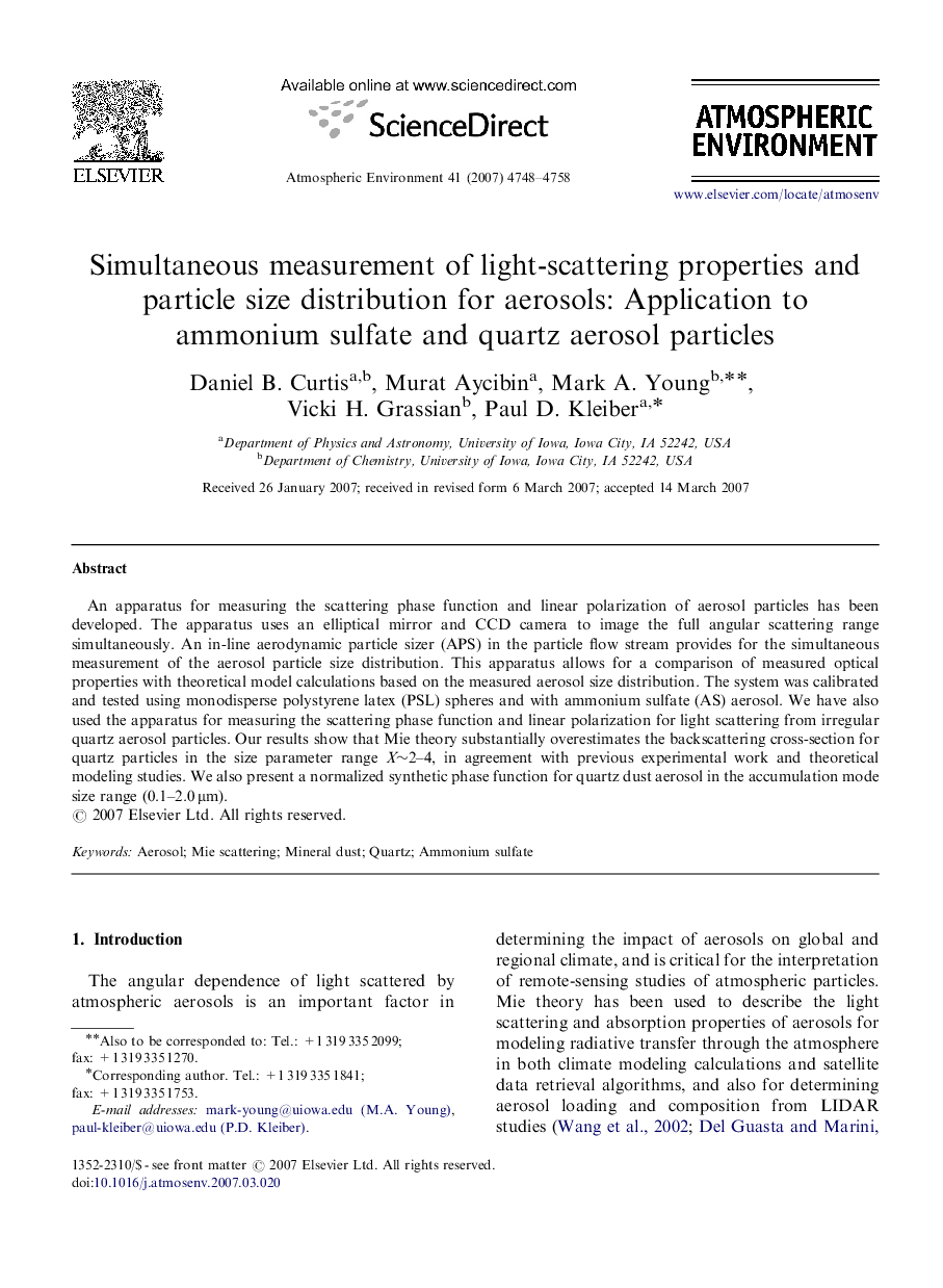 Simultaneous measurement of light-scattering properties and particle size distribution for aerosols: Application to ammonium sulfate and quartz aerosol particles